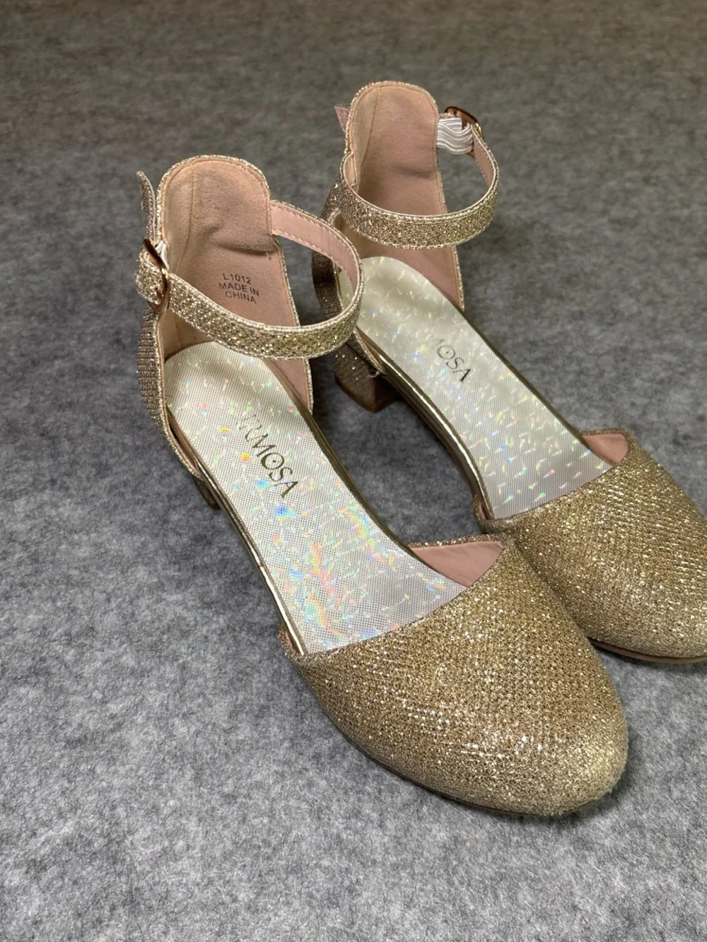 Gold Glitter Ankle-Strap Block Heel Pumps